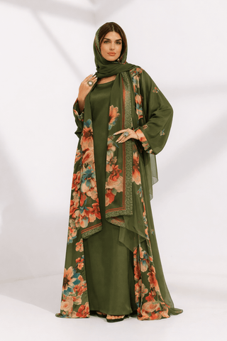 Kashmir Bloom Abaya – Olive Garden Floral Edition - fashion by shehna