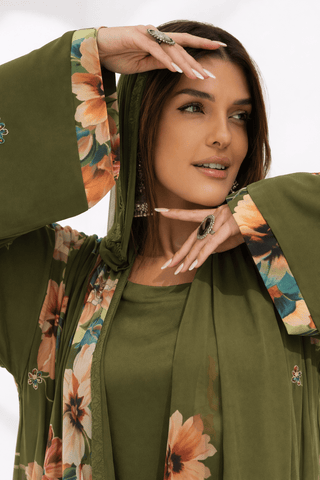Kashmir Bloom Abaya – Olive Garden Floral Edition - fashion by shehna