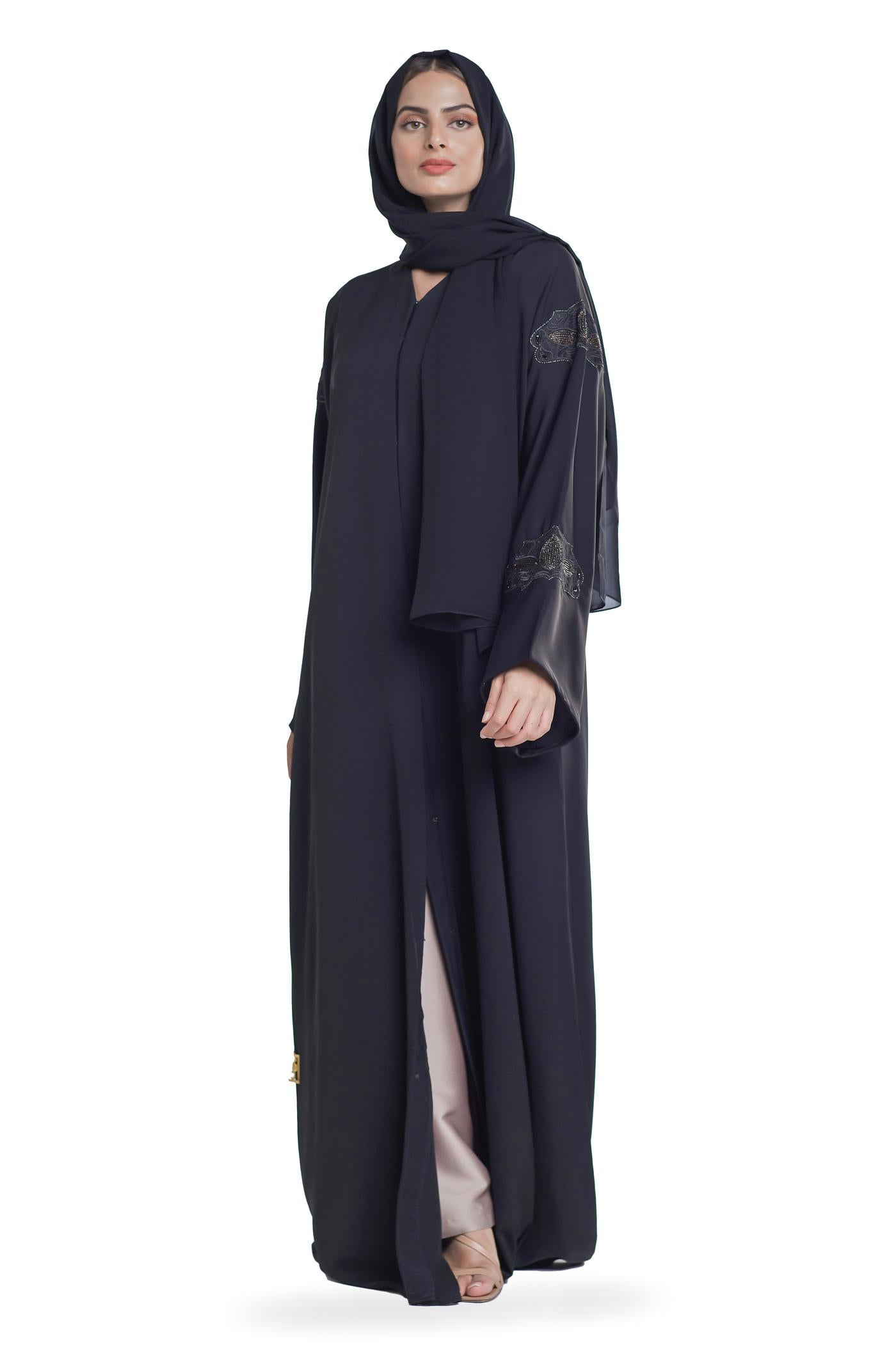 Juhaina Abaya: Elegant black abaya with intricate embroidery and a flattering silhouette by Fashion by Shehna